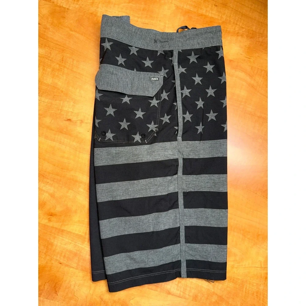 Hurley Buckle Mens‎ Board Shorts 30 American Flag Stars Stripes Black Gray Swim